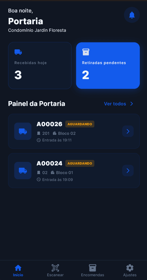 Tela do aplicativo AvisaPacks mostrando a gestão de encomendas na portaria do condomínio